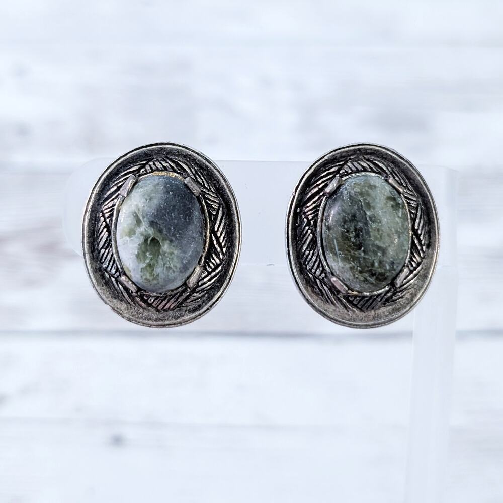 Vintage Clip On Earrings Dark Silver Tone & Muted Dusky Green